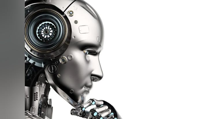Side profile of a humanoid robot with a detailed mechanical eye and hand.