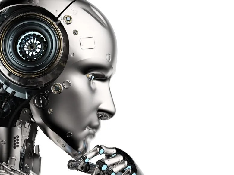 Side profile of a humanoid robot with a detailed mechanical eye and hand.