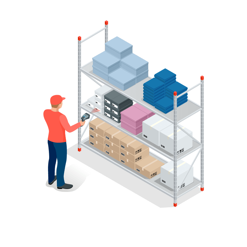 An isometric illustration of a person stacking shelves with boxes and office supplies.
