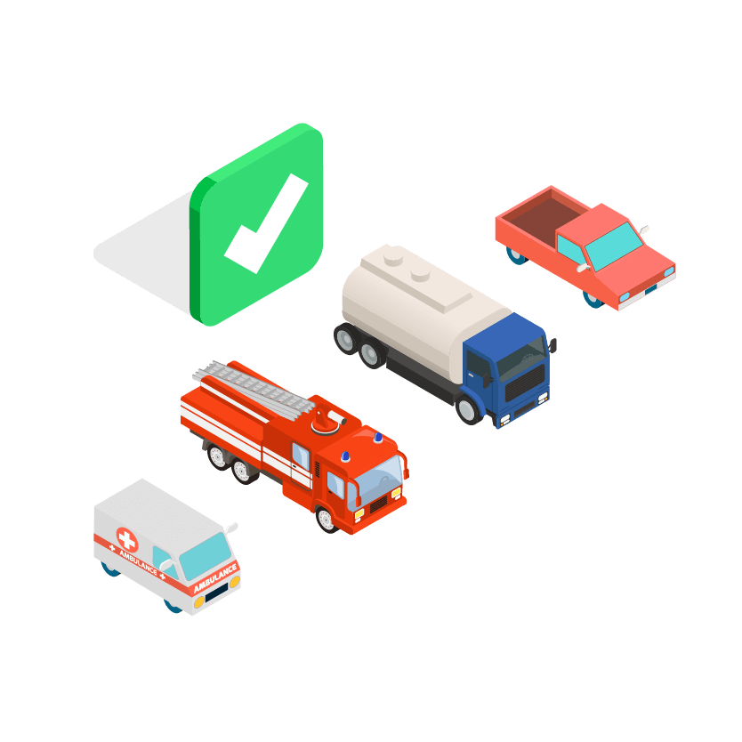 Isometric vehicles: ambulance, fire truck, semi-truck, car, and check mark icon.