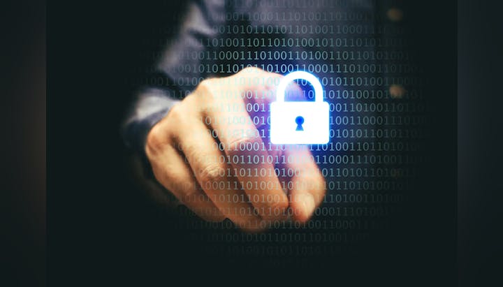 A person pointing at a digital lock icon superimposed on binary code, symbolizing cybersecurity.
