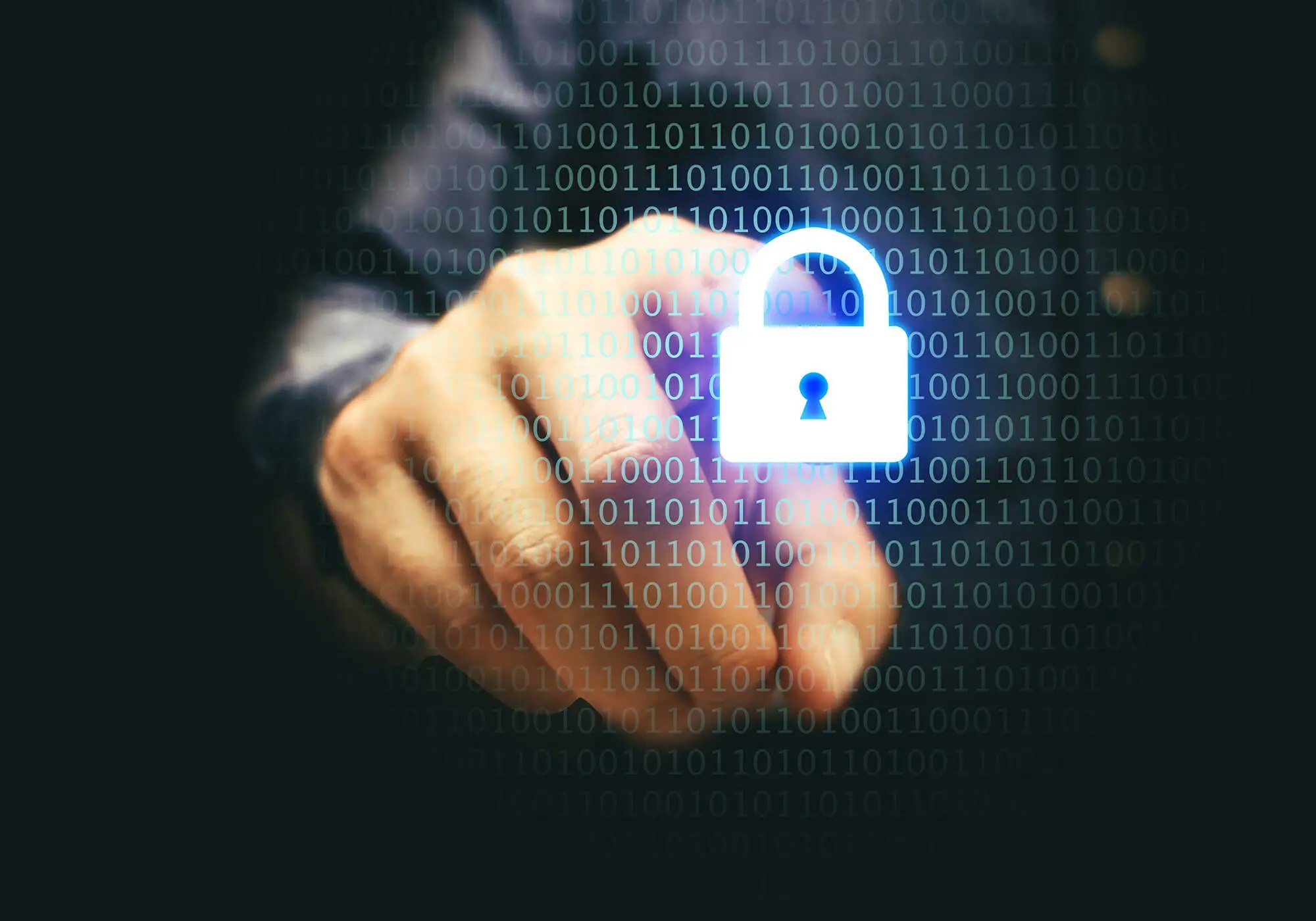 A person pointing at a digital lock icon superimposed on binary code, symbolizing cybersecurity.