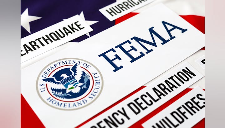 US flag background, FEMA signs, references to emergencies like earthquakes, hurricanes, and wildfires.