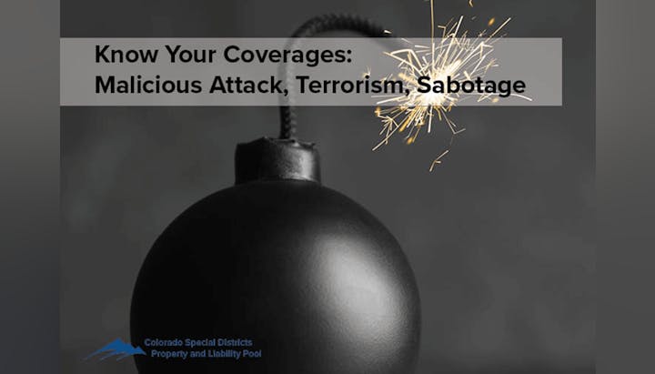 Ad for insurance coverage against malicious attack, terrorism, and sabotage with a sparking bomb image.