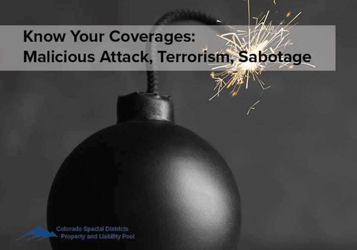 Ad for insurance coverage against malicious attack, terrorism, and sabotage with a sparking bomb image.