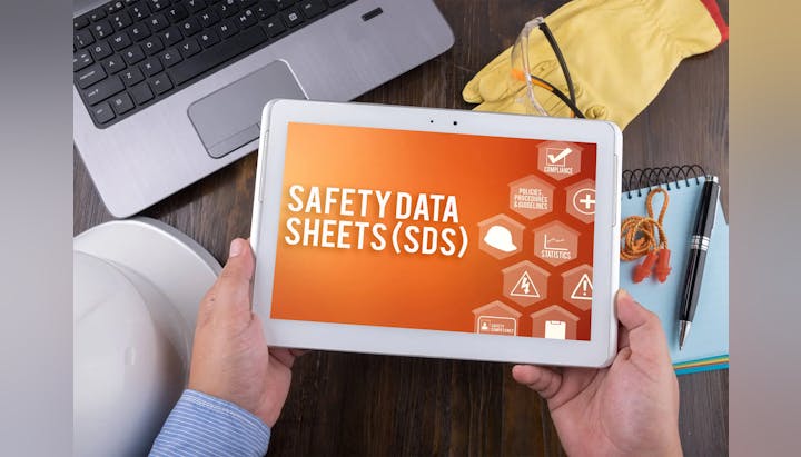Tablet screen with Safety Data Sheets (SDS) on screen