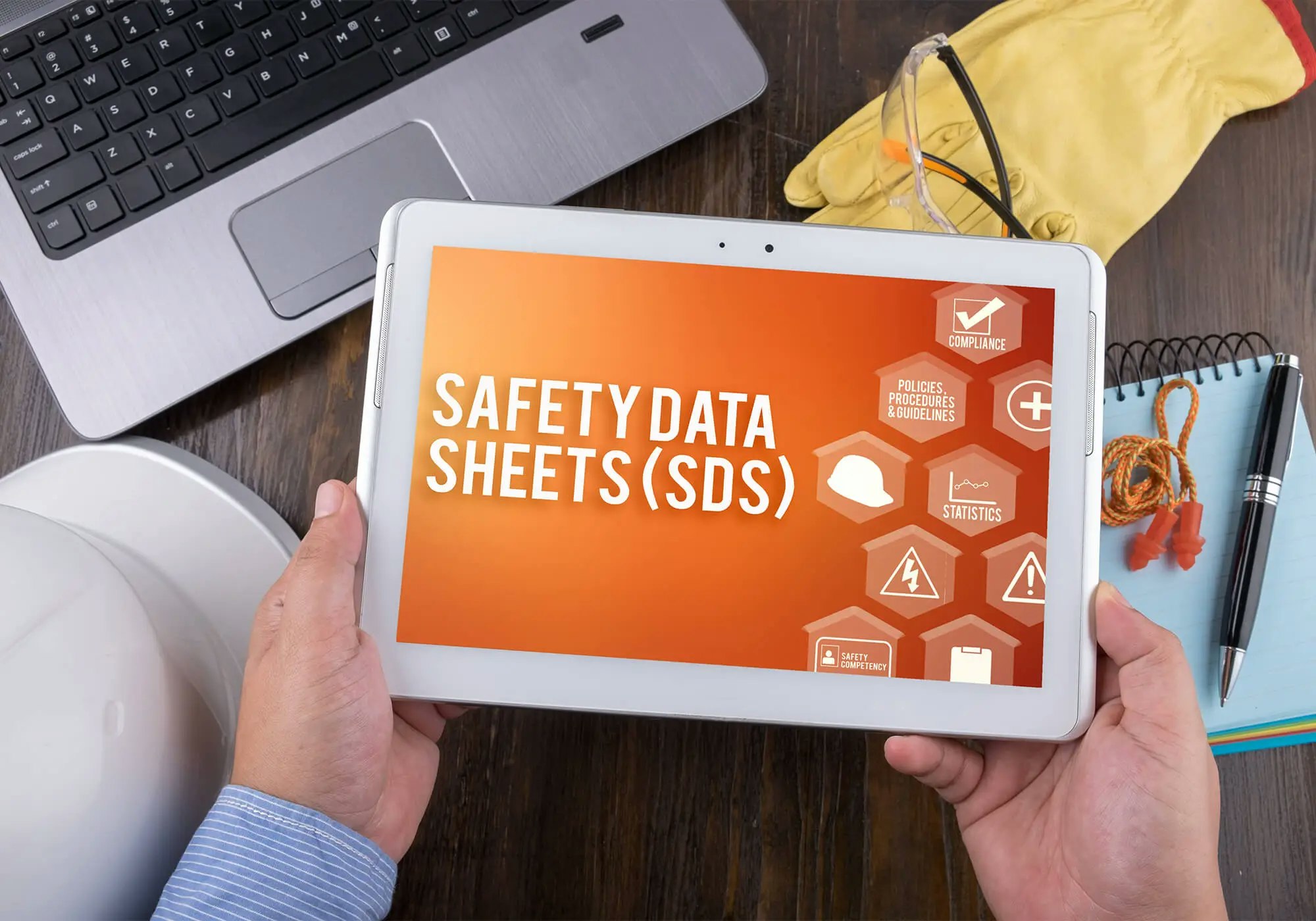 Tablet screen with Safety Data Sheets (SDS) on screen