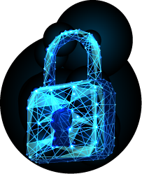 A digital padlock illustration with a glowing blue, wireframe design on a dark background.