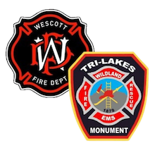 Two fire department patches: "Westcott Fire Dept" and "Tri-Lakes Monument Fire Rescue EMS".