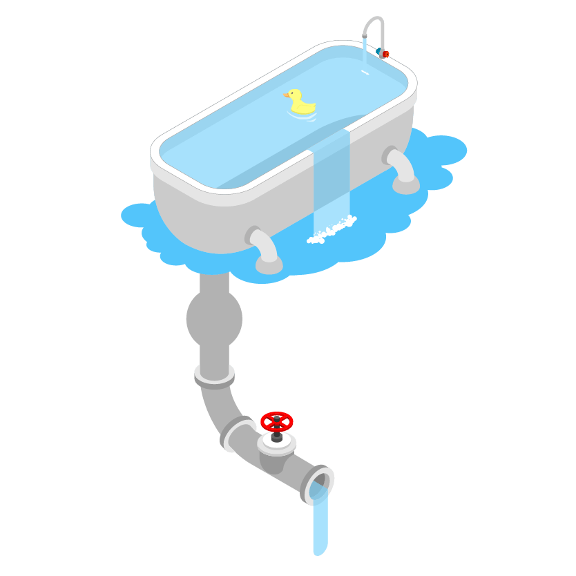 An overflowing bathtub with a rubber duck inside, water leaking through the drain pipe.