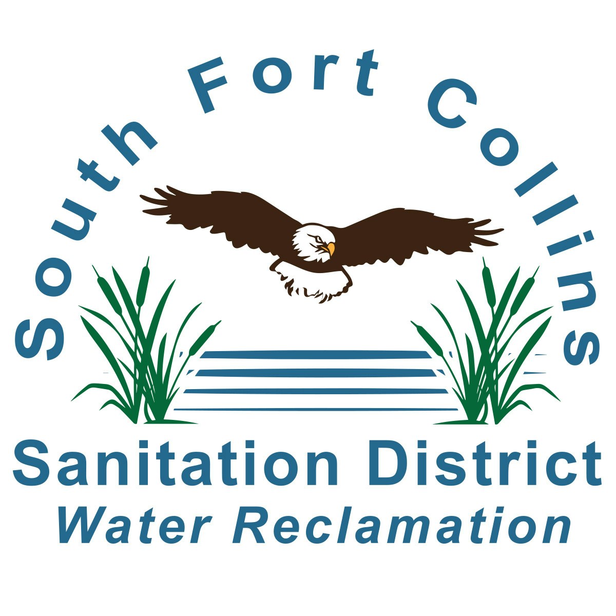 South Fort Collins Sanitation District logo with an eagle, water, and plants, featuring "Water Reclamation."