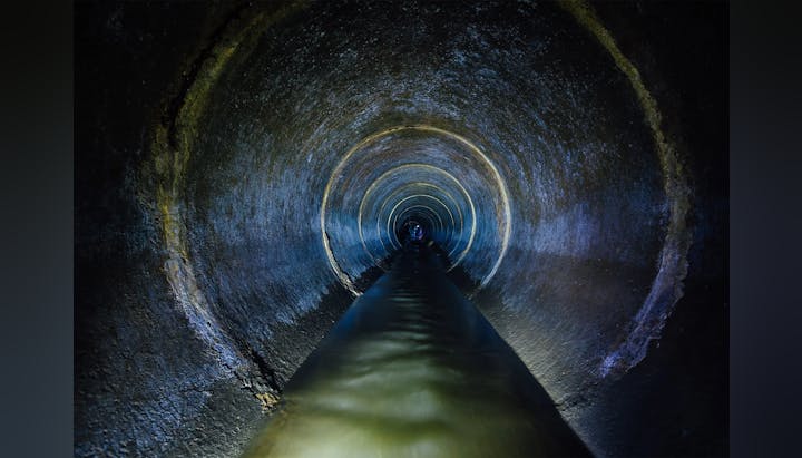 A dimly lit tunnel with water at the bottom, creating a circular reflection.