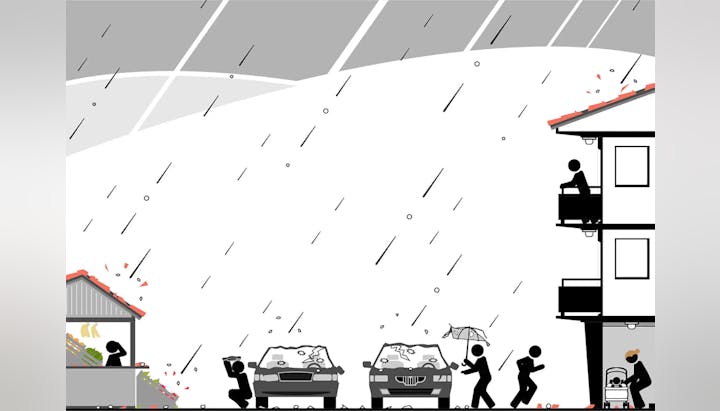 Stylized black and white scene with people in rain, someone on balcony, damaged cars, fruit stand, and person with umbrella.