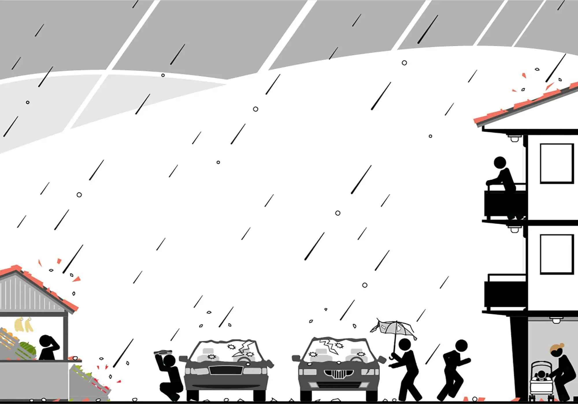 Stylized black and white scene with people in rain, someone on balcony, damaged cars, fruit stand, and person with umbrella.