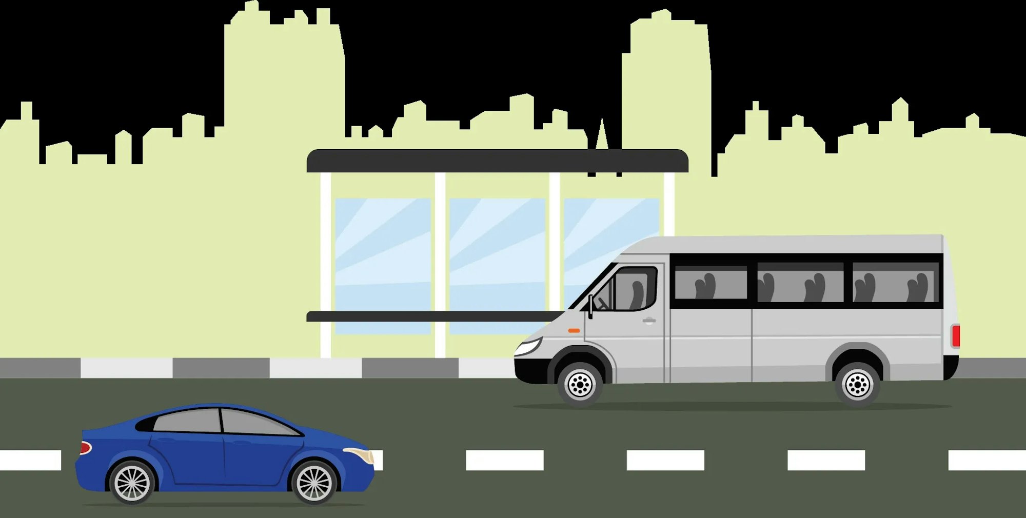 Cityscape with a bus stop, a blue car, and a white bus with passengers, all cartoon-styled.