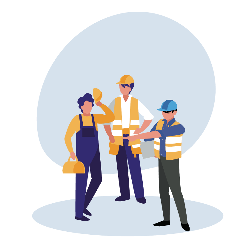 Three illustrated construction workers with safety gear on a blue and green background.