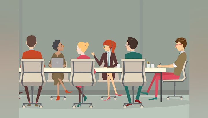 Illustration of six people in a business meeting, sitting at a table with laptops and coffee mugs.
