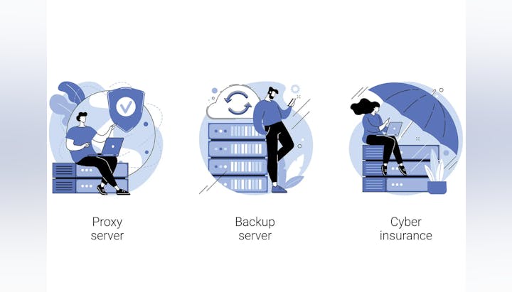 Illustrations of a proxy server, backup server, and cyber insurance with people interacting with tech elements.