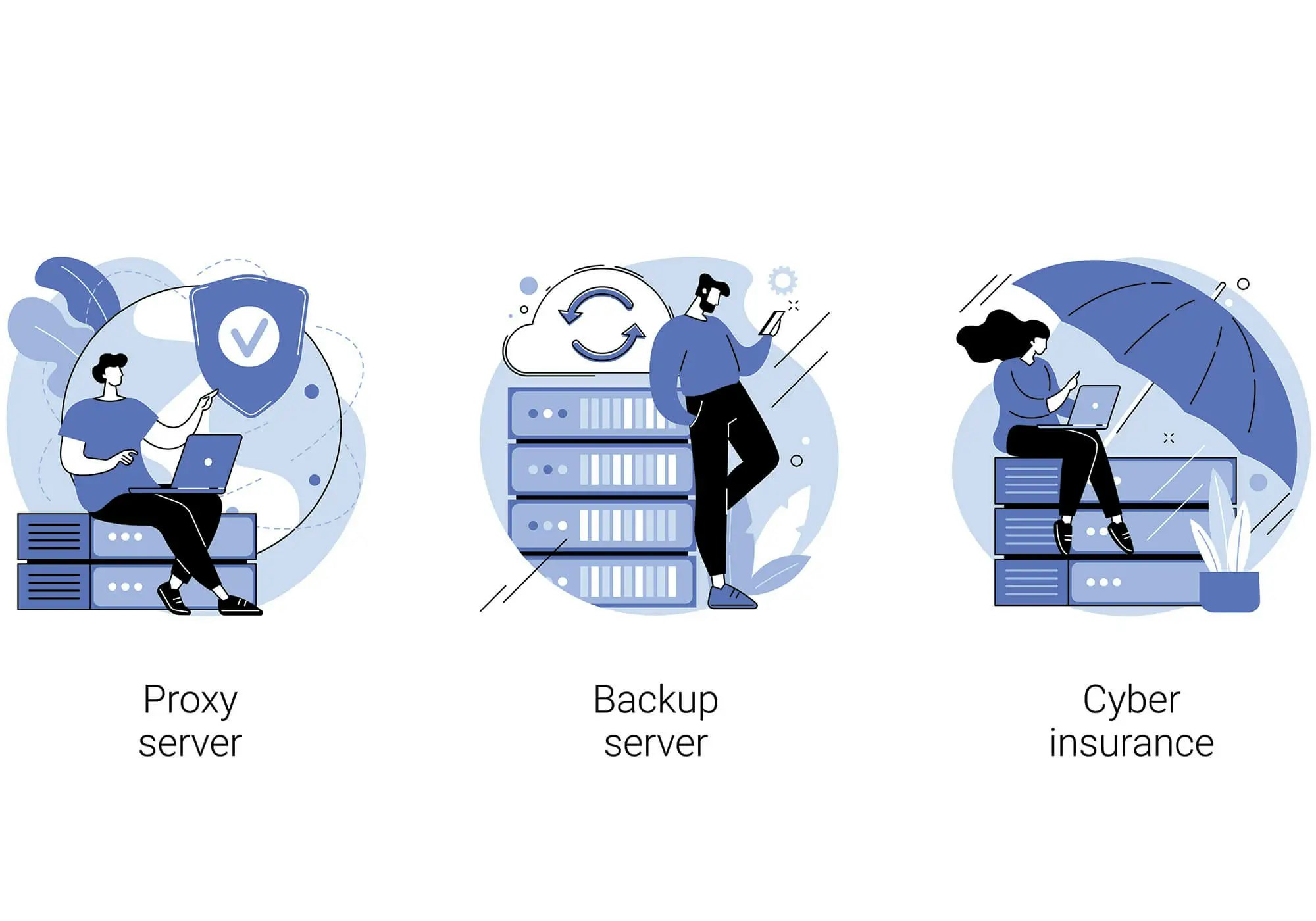Illustrations of a proxy server, backup server, and cyber insurance with people interacting with tech elements.