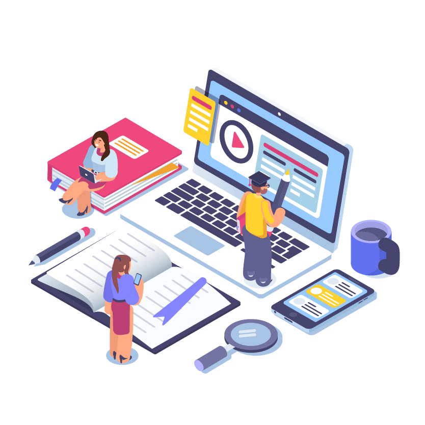 An isometric illustration showing a laptop with charts, surrounded by people, books, a smartphone, a notepad, a coffee cup, a pencil, and a magnifying glass.