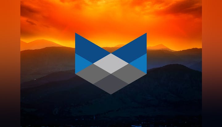 Fiery sunset over mountains with a blue-gray geometric overlay.