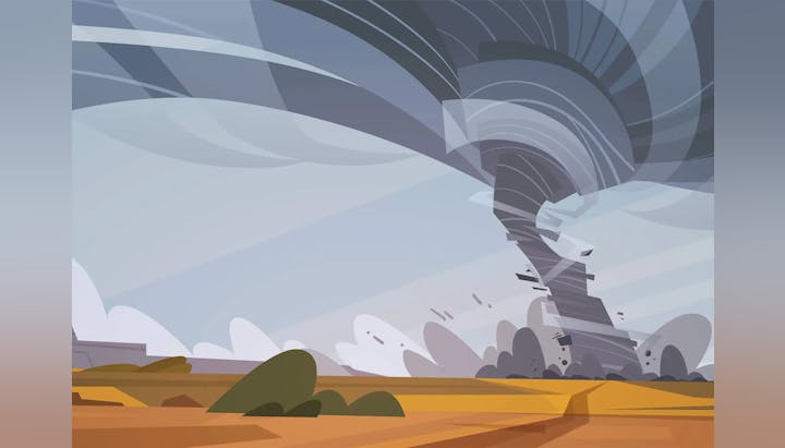 A stylized illustration of a tornado over a flat landscape with debris swirling and clouds in the background.