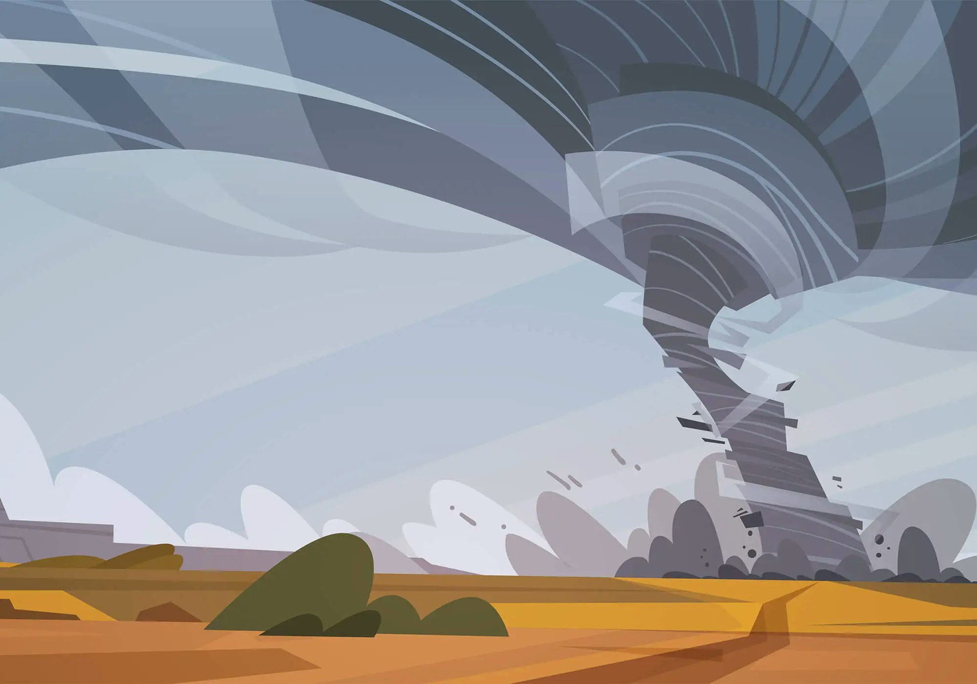 A stylized illustration of a tornado over a flat landscape with debris swirling and clouds in the background.