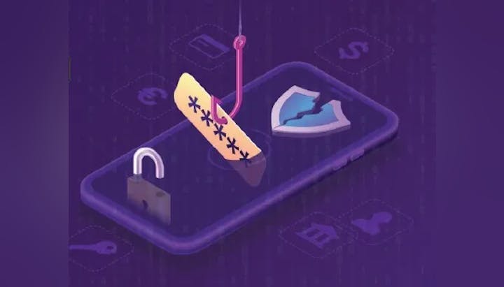 A graphic of a smartphone with a fish hook dangling a password and a shield above, symbolizing cybersecurity and data protection.
