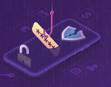 A graphic of a smartphone with a fish hook dangling a password and a shield above, symbolizing cybersecurity and data protection.
