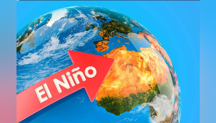 3D Earth graphic with "El Niño" arrow pointing towards South America, representing the climate phenomenon.