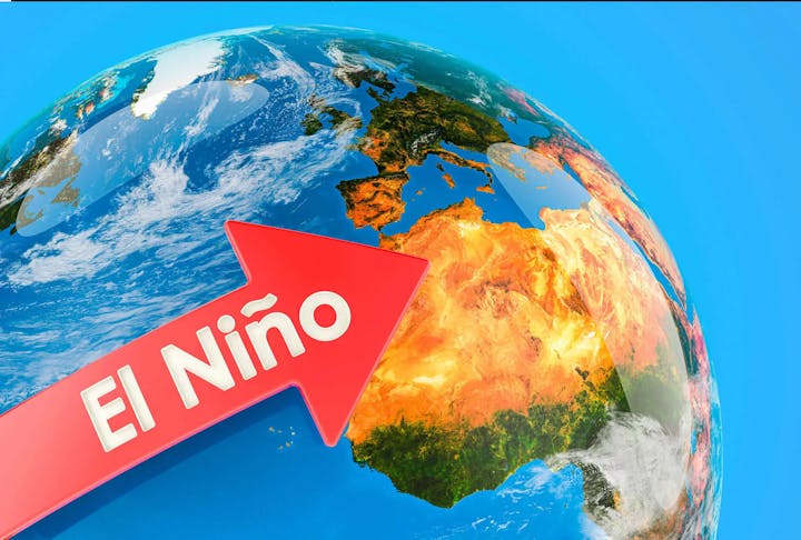 3D Earth graphic with "El Niño" arrow pointing towards South America, representing the climate phenomenon.