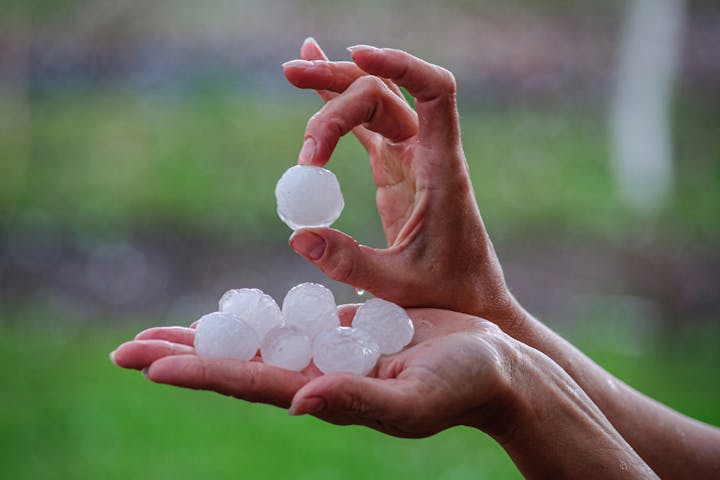 Hands holding and lifting hailstones with a green blurry background.