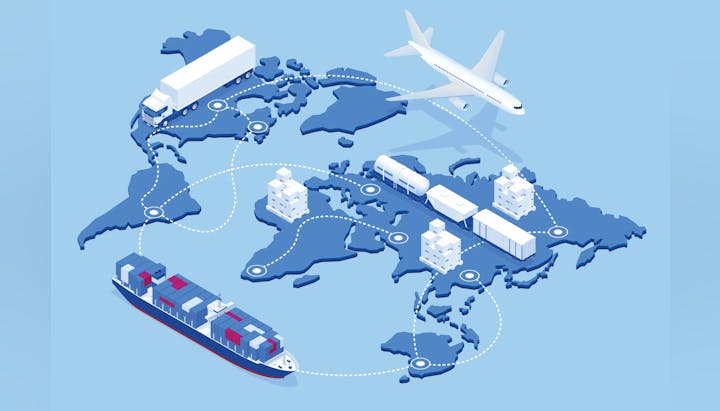 Isometric global logistics network map: cargo ship, train, airplane, and truck routes on a world map silhouette.
