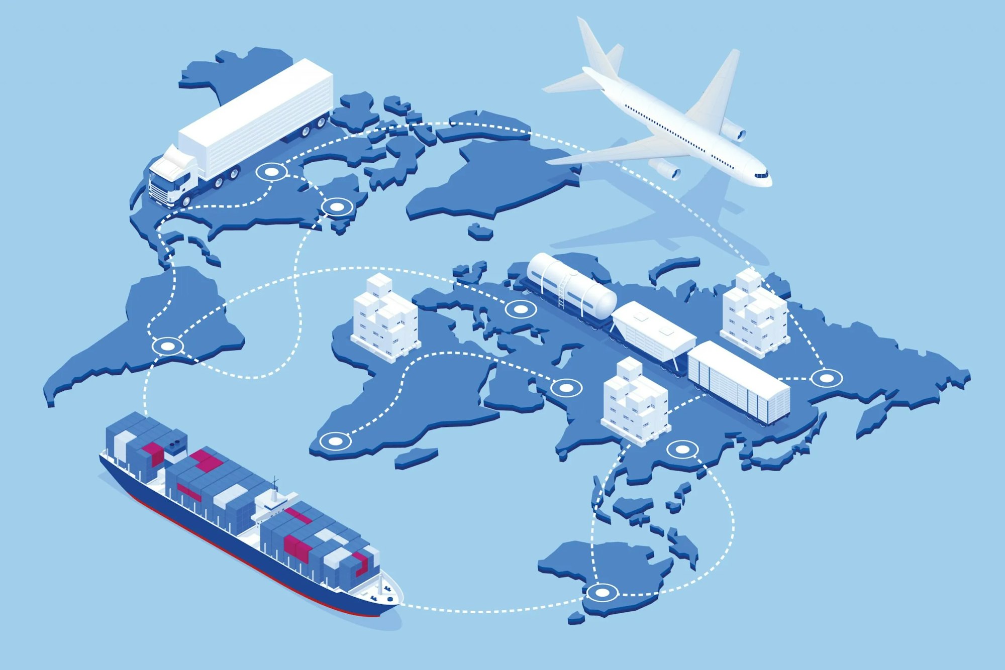 Isometric global logistics network map: cargo ship, train, airplane, and truck routes on a world map silhouette.