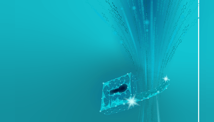 A digital abstract image with binary code and a stylized key indicating encryption, cybersecurity, or data protection.
