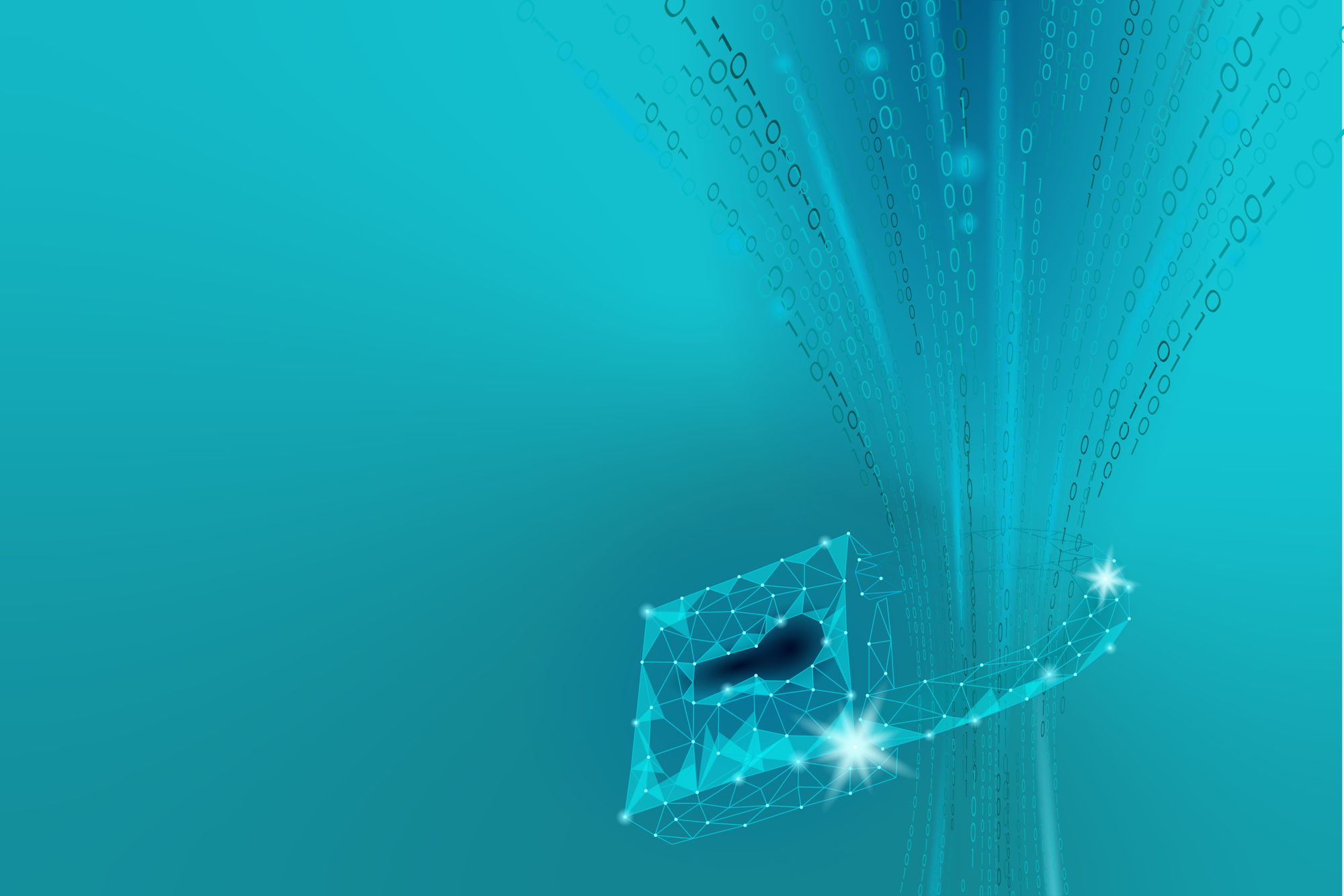 A digital abstract image with binary code and a stylized key indicating encryption, cybersecurity, or data protection.
