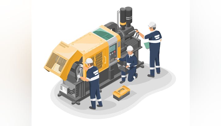 Illustration of three workers servicing a large industrial generator or machine.