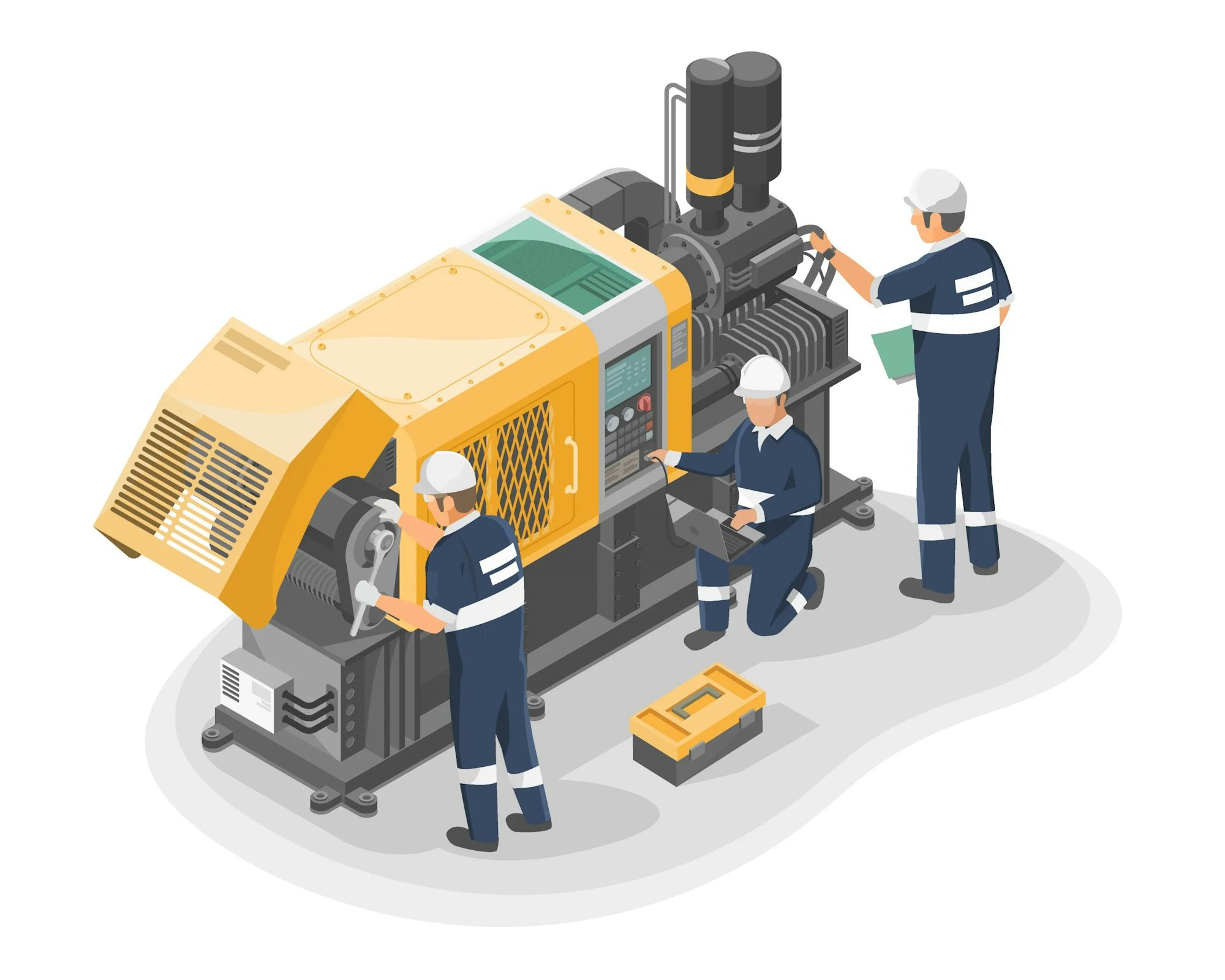 Illustration of three workers servicing a large industrial generator or machine.