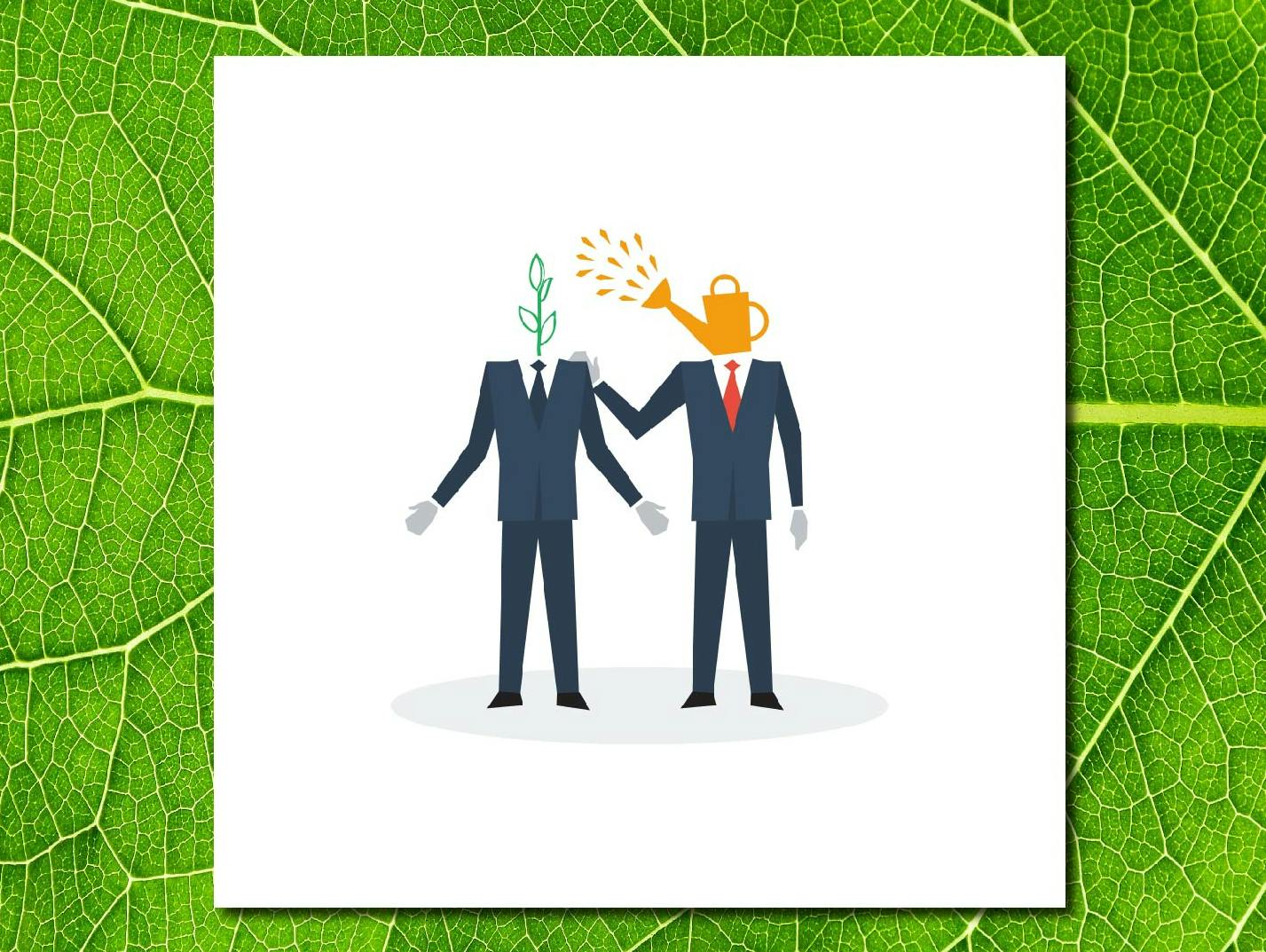 Illustration of one person watering a plant growing from another's head, symbolizing nurturing ideas or growth.
