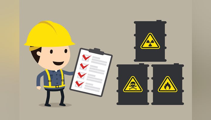 A cartoon of a worker with a hard hat showing a checked list, near barrels with hazard symbols.