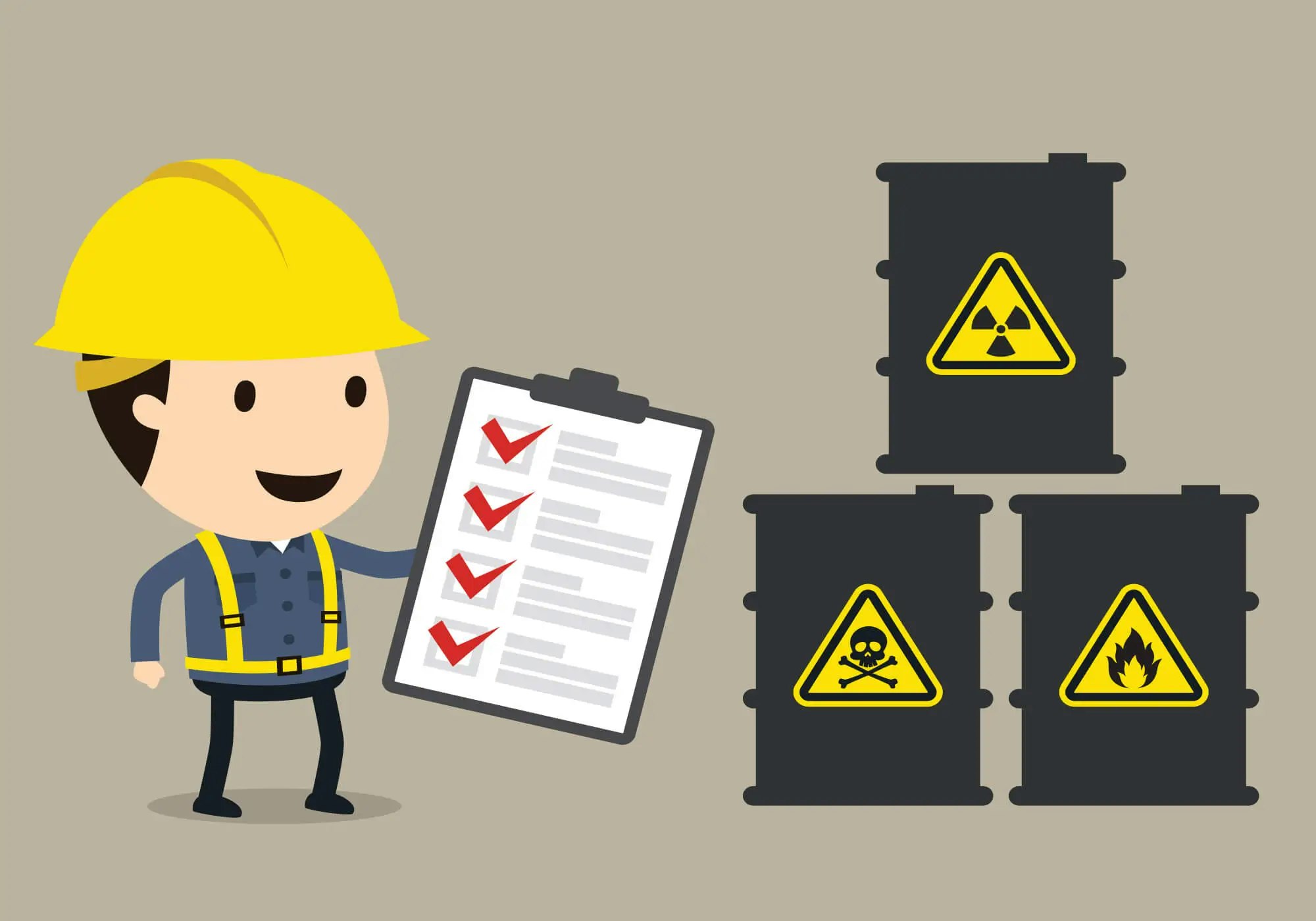 A cartoon of a worker with a hard hat showing a checked list, near barrels with hazard symbols.