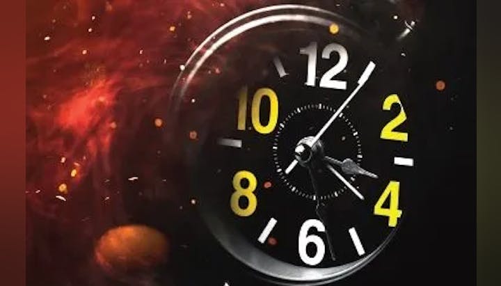 A clock blended with a cosmic background.