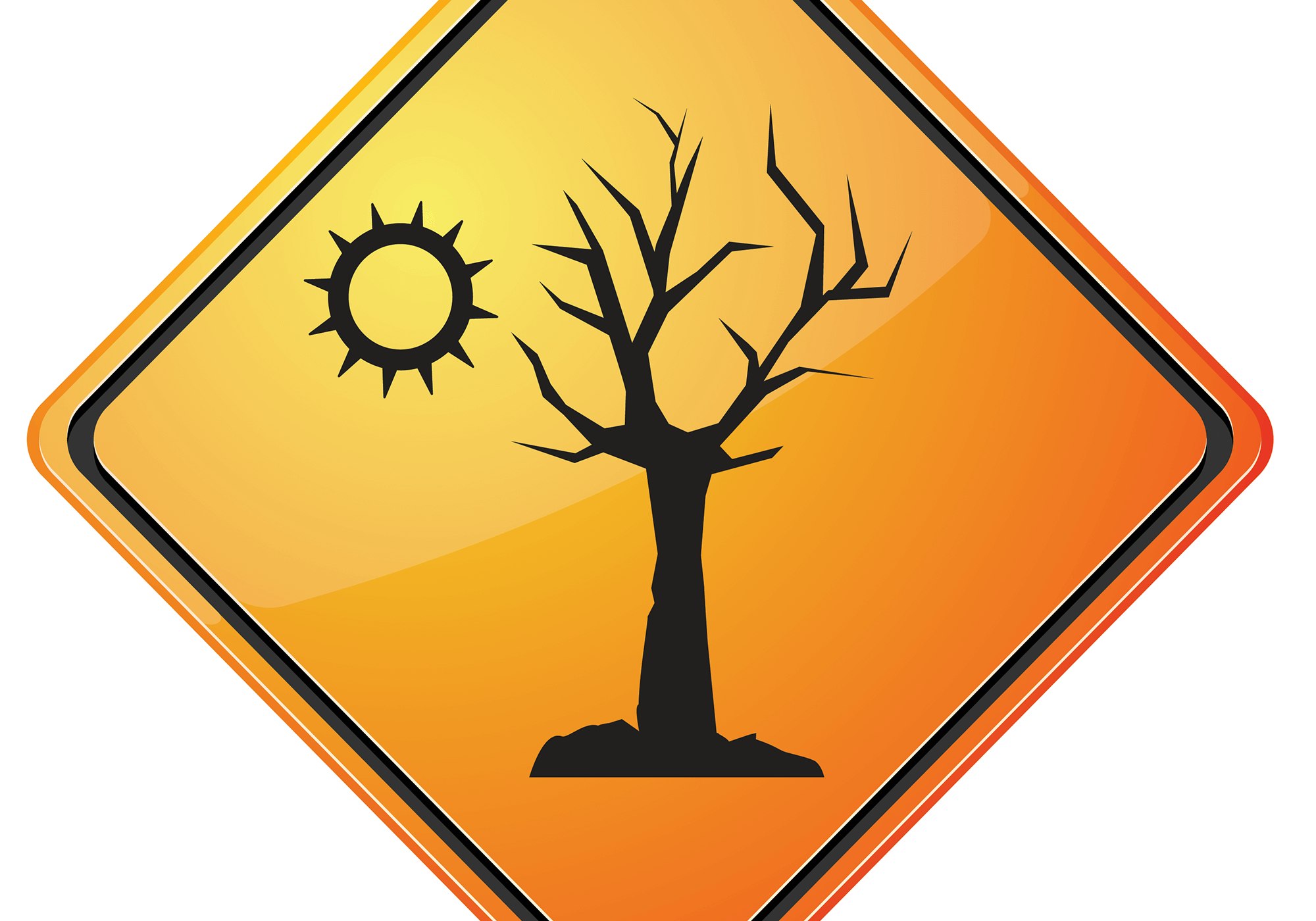 A barren tree and sun icon on a diamond-shaped sign, likely indicating caution for extreme heat or environmental conditions.