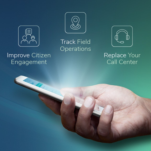 A hand holding a smartphone with icons suggesting digital solutions for citizen engagement, field operations, and call center replacement.