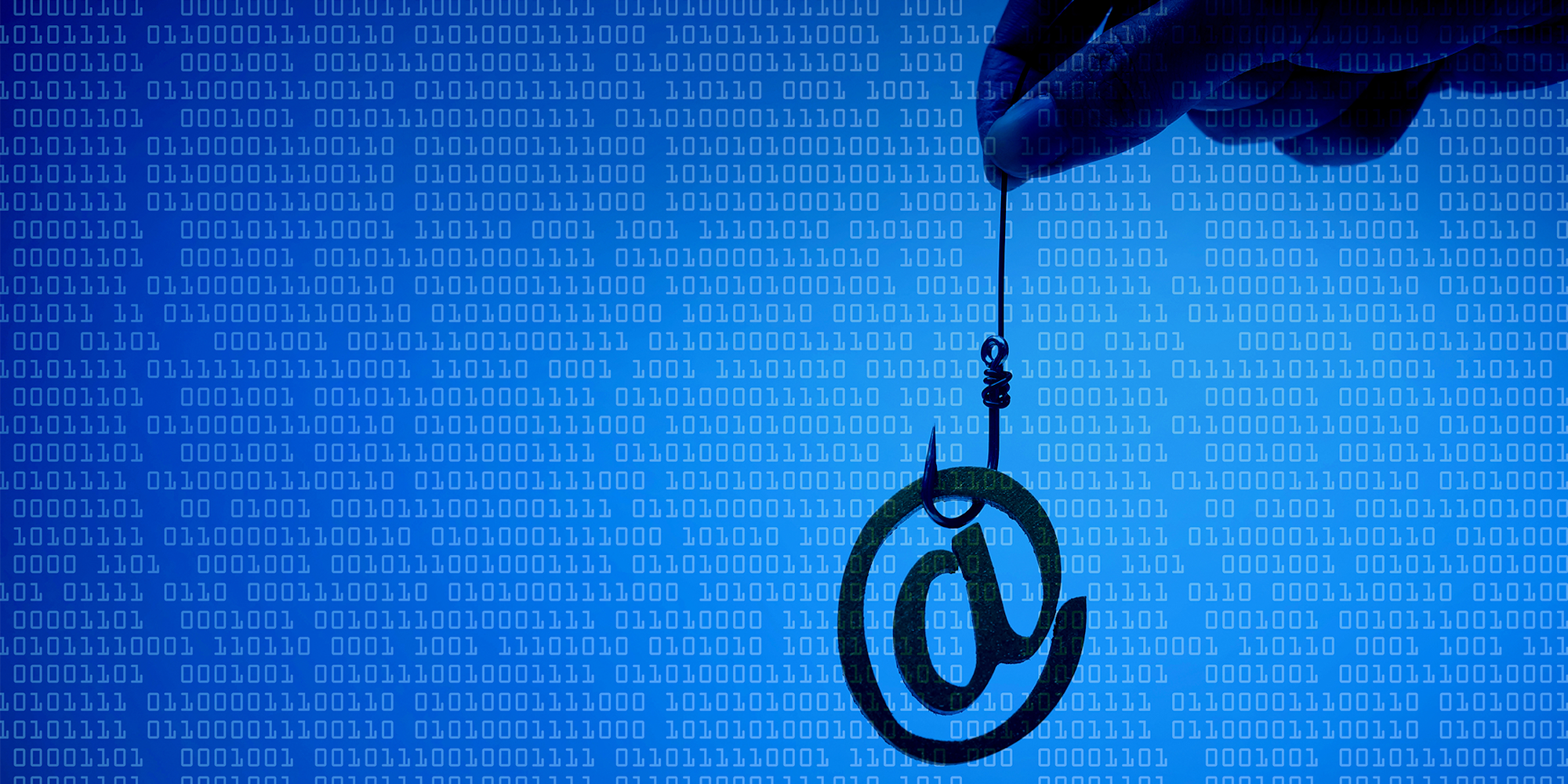 A hand holding a fishing hook with an "@" symbol against a background of binary code, symbolizing email phishing.