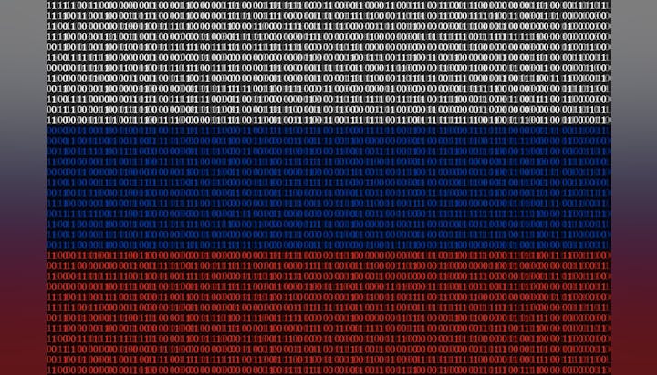 Digital binary code in blue, white, and red gradient.