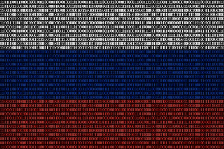 Digital binary code in blue, white, and red gradient.