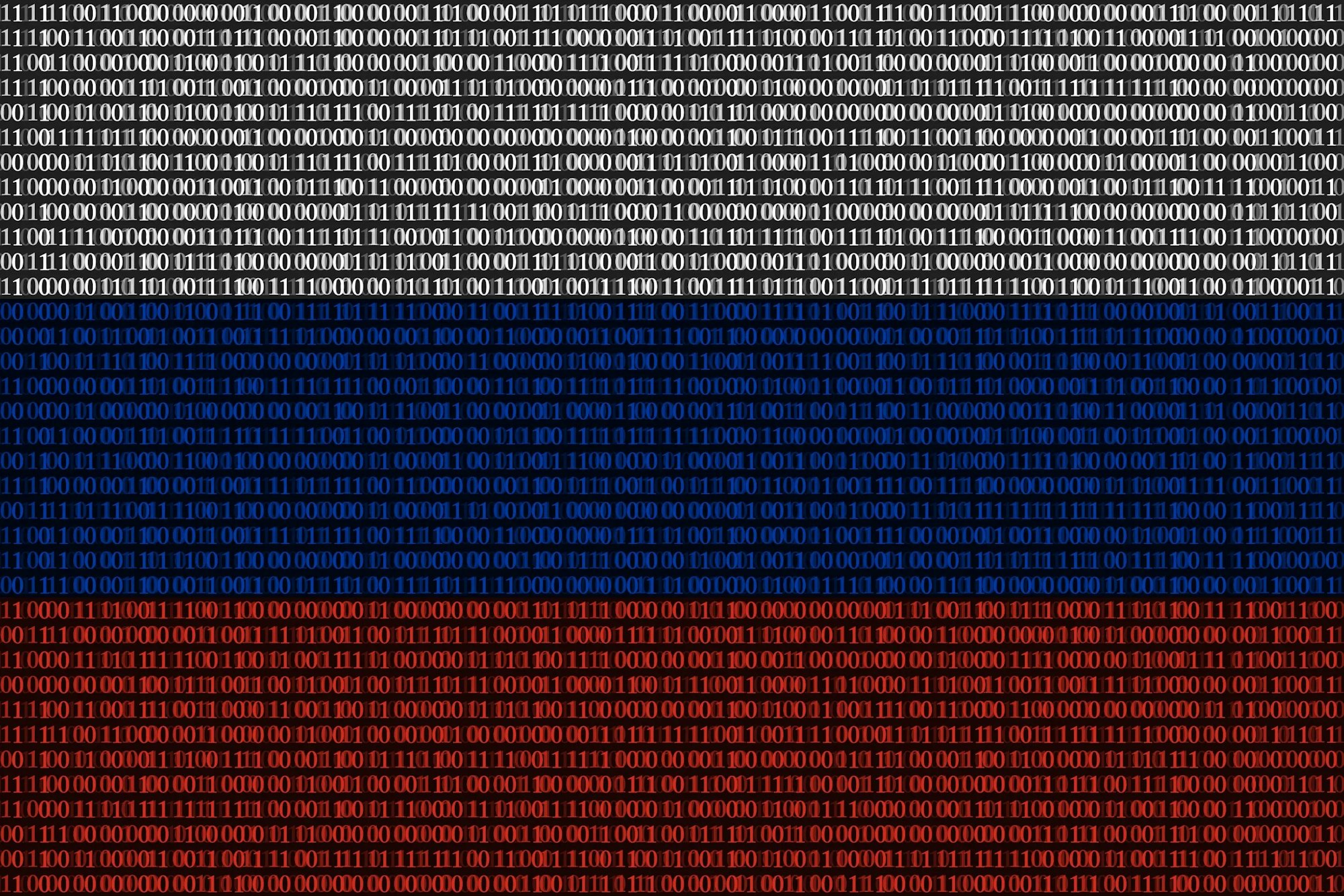 Digital binary code in blue, white, and red gradient.
