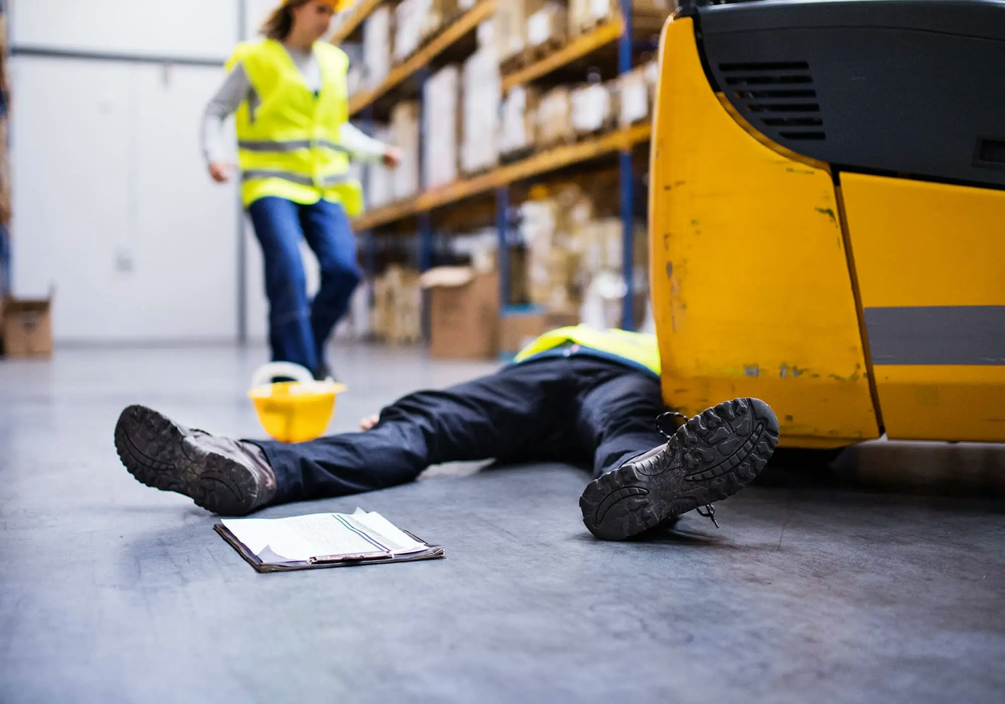 A worker lying on the floor of a warehouse with another person approaching; an industrial accident appears to have occurred.