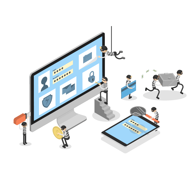 Isometric illustration of cyber security concept with animated characters around digital devices, representing protection against hacking and data theft.